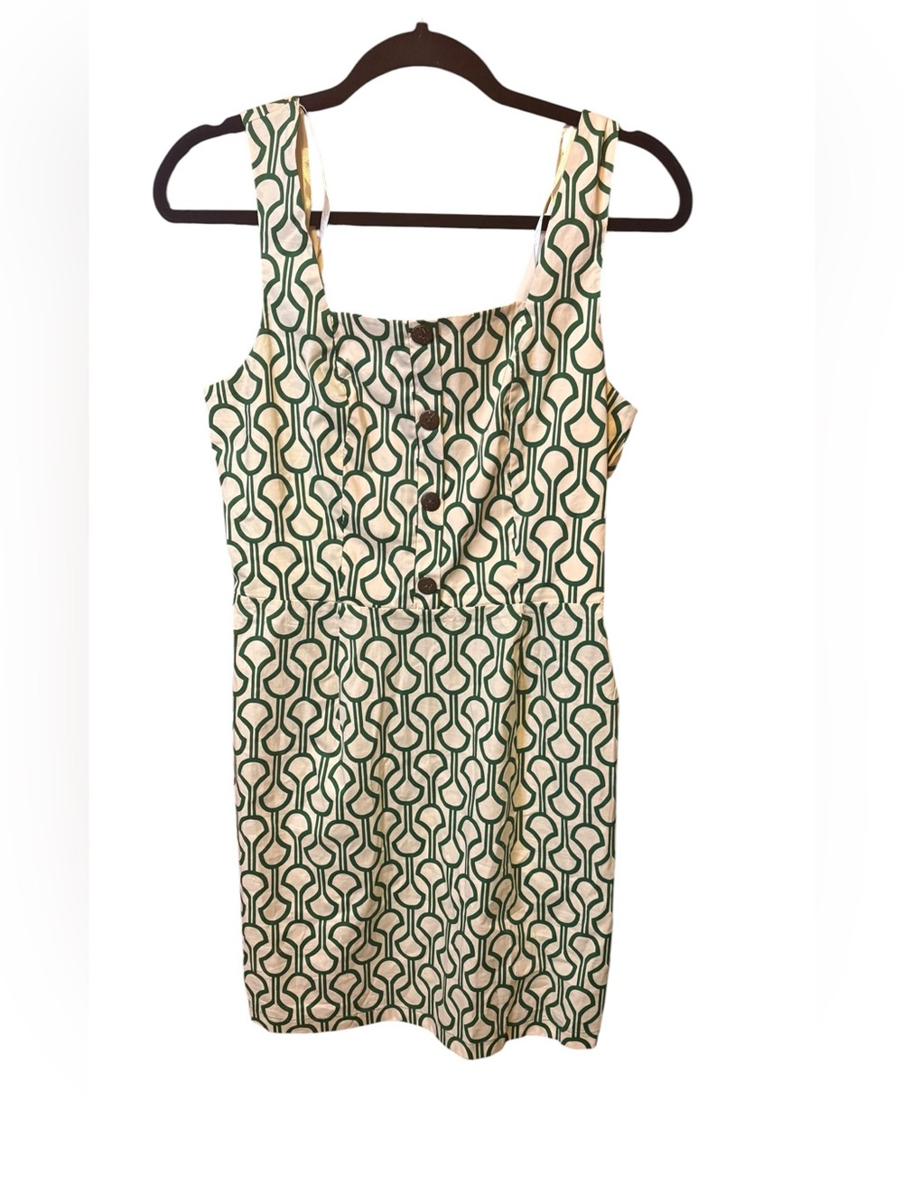 Monteau Green Geometric Button Front Mini Dress Size Medium Coastal Preppy NWT